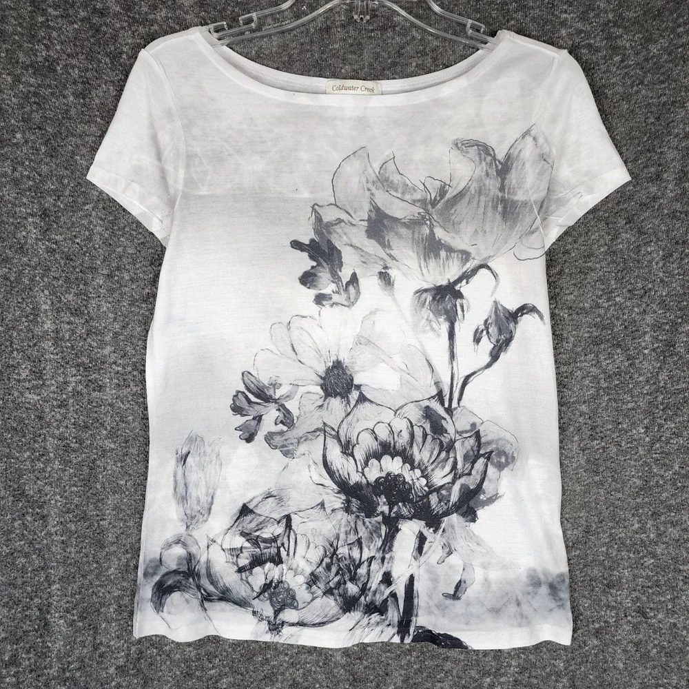Coldwater Creek Top Women XS Floral Graphic White Short Sleeve EUC
